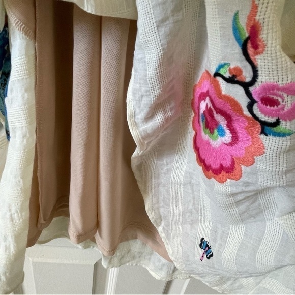 Anthropologie One Shoulder Sundress Ruffles Embroidered Floral Tan Pink Size S - Picture 9 of 13